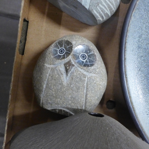 794 - A box of studio pottery; two chargers, stone owl and hedgehog and vase **PLEASE NOTE THIS LOT IS NOT... 