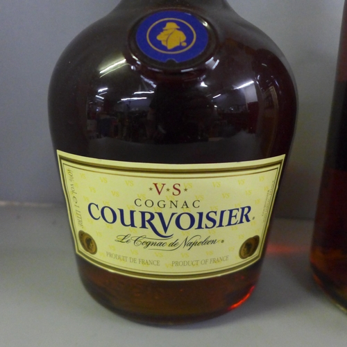 803 - A litre bottle of Three Barrels VSOP brandy and a litre bottle of Courvoisier VS Cognac (2) **PLEASE... 