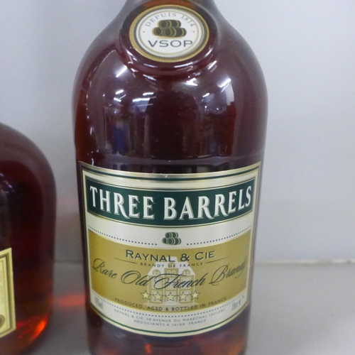 803 - A litre bottle of Three Barrels VSOP brandy and a litre bottle of Courvoisier VS Cognac (2) **PLEASE... 