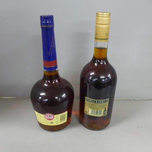 803 - A litre bottle of Three Barrels VSOP brandy and a litre bottle of Courvoisier VS Cognac (2) **PLEASE... 