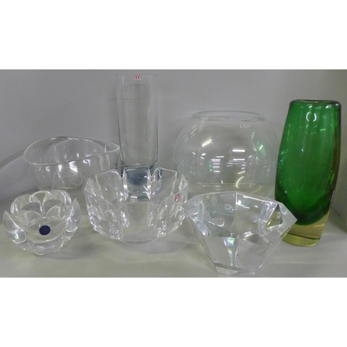 813 - Three Orrefors glass bowls, a Finnish vase, LSA bowl, Royal Copenhagen flower shaped bowl and one ot... 