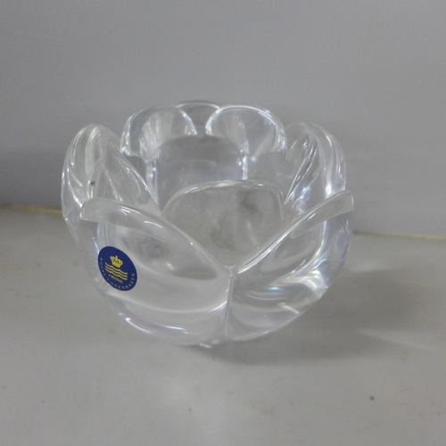 813 - Three Orrefors glass bowls, a Finnish vase, LSA bowl, Royal Copenhagen flower shaped bowl and one ot... 