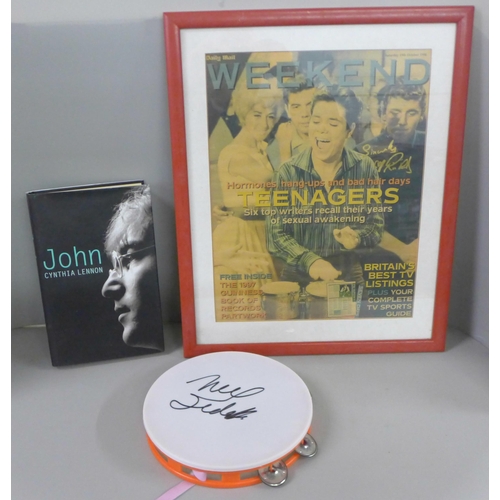 823 - An autograph selection; Neil Sedaka signed tambourine, a Cynthia Lennon signed book and a Cliff Rich... 