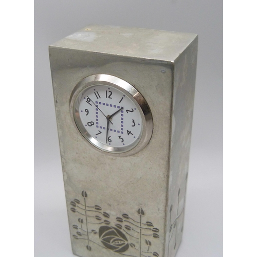 858 - A Rennie Mackintosh pewter clock, height 11.5cm