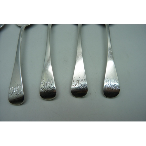 899 - A set of six George III silver spoons, London 1810, Mary & Eliza Summer, 157g