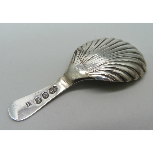 901 - A silver shell bowl caddy spoon, London 1802, marker I.P.