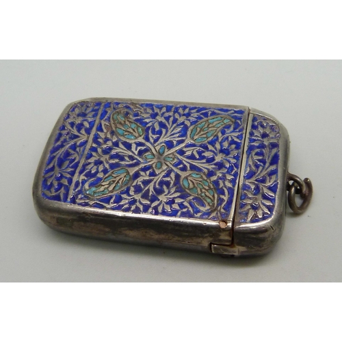 905 - A vesta case with enamelled detail, tests as silver, possibly Persian