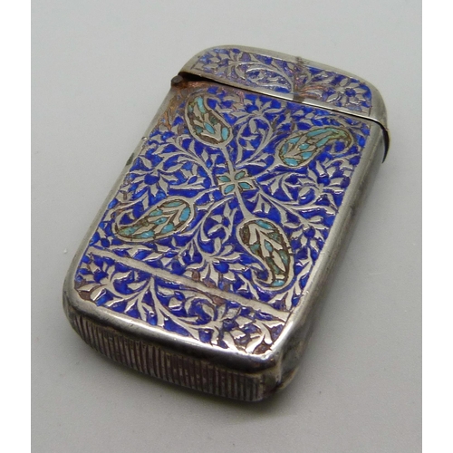 905 - A vesta case with enamelled detail, tests as silver, possibly Persian