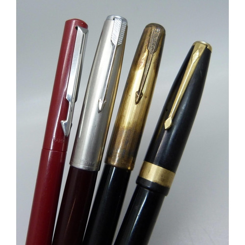 907 - Four pens, three Parker and a Conway Stewart 60L with 14ct gold nib