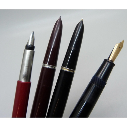 907 - Four pens, three Parker and a Conway Stewart 60L with 14ct gold nib