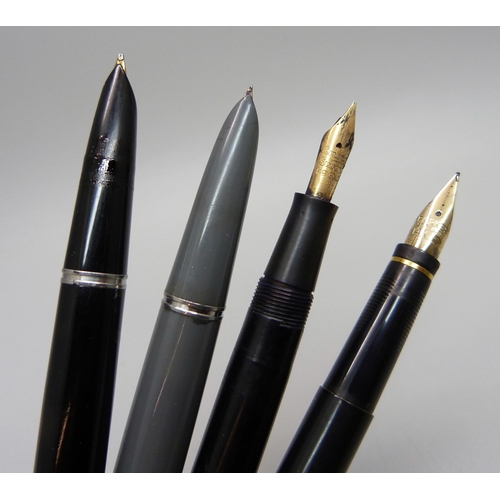 909 - Four Parker pens, one with 14ct gold nib and one ballpoint, and a Conway Stewart fountain pen with 1... 