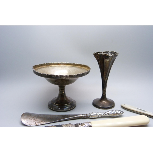 927 - Silver items including fruit knife, five fobs, dish, etc., weight without shoe horn 222g