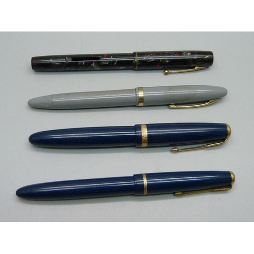 931 - Four fountain pens, Sheaffer, Watermans, a/f, and two Parker, all with 14ct gold nibs, one Parker ni... 