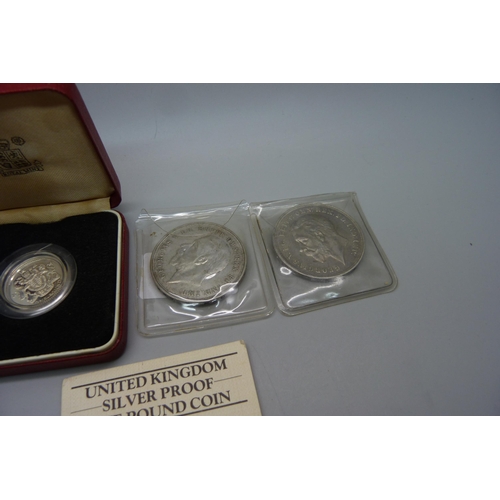 934 - Two 1935 George V crowns and a silver proof pound coin