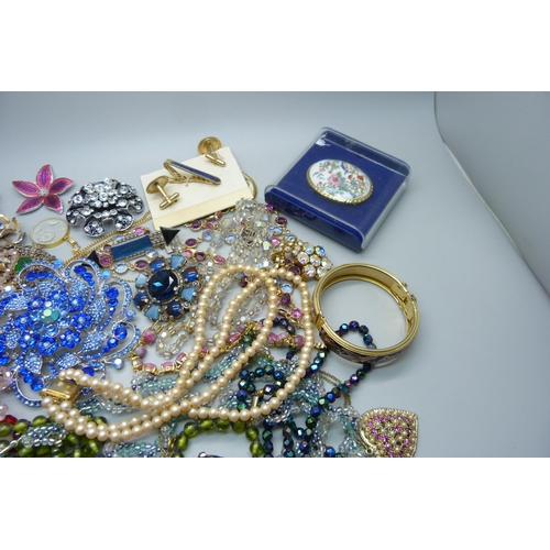 955 - Costume jewellery, paste set brooches, bead necklaces, etc.