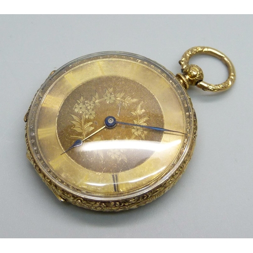 978 - An 18ct gold lady's fob watch with gold floral engraved dial, 31g