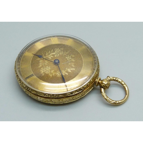 978 - An 18ct gold lady's fob watch with gold floral engraved dial, 31g