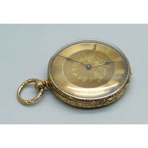 978 - An 18ct gold lady's fob watch with gold floral engraved dial, 31g