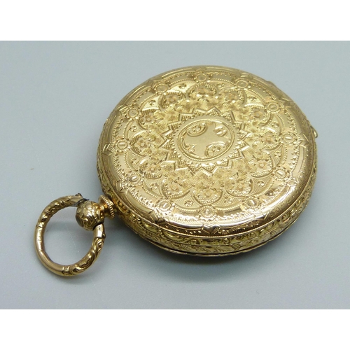 978 - An 18ct gold lady's fob watch with gold floral engraved dial, 31g