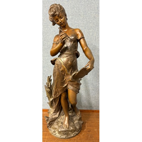 346 - An Art Nouveau style bronze figure of a female scribe, indistinctly signed