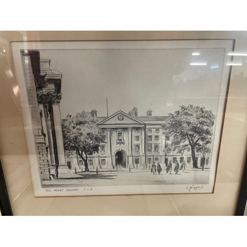 357A - A signed E.J Rogers etching, The Front Square, T.C.D., signed Sue Firth prints, map, etc.