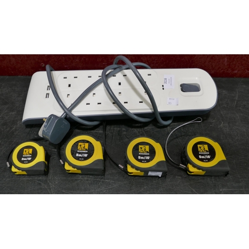 3116 - 4 x Roughneck Ez Tape Measures, Belkin 8-Way Socket Surge Protector Extention Lead (323-513,366,508,... 
