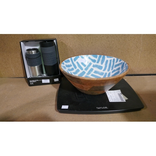 3009A - Taylor Bath Scales, Mikasa Salad Bowl - Damaged, 2 x Kambukka Travel Mugs - ( 1 Lid Missing) (327-50... 