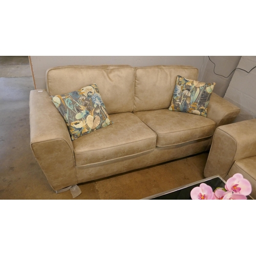 1306 - A taupe PU suede three seater sofa, two seater sofa and armchair