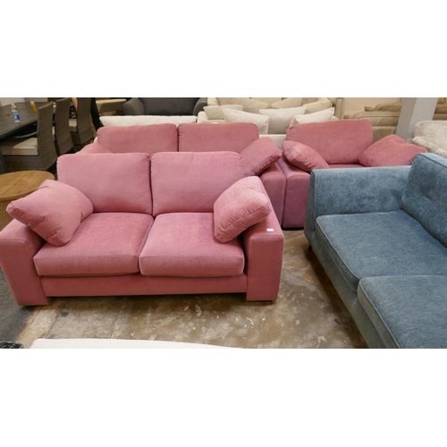 1368 - A crimson upholstered three seater sofa, two seater sofa and armchair