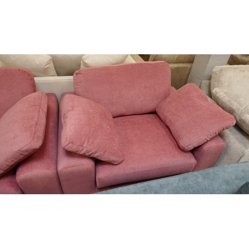 1368 - A crimson upholstered three seater sofa, two seater sofa and armchair
