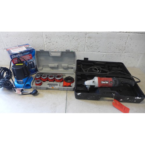 2339 - A Clarke Pump 1 1/2” 250w puddle pump, a Clarke 6pc die pipe threading kit and a Clarke CP185 angle ... 