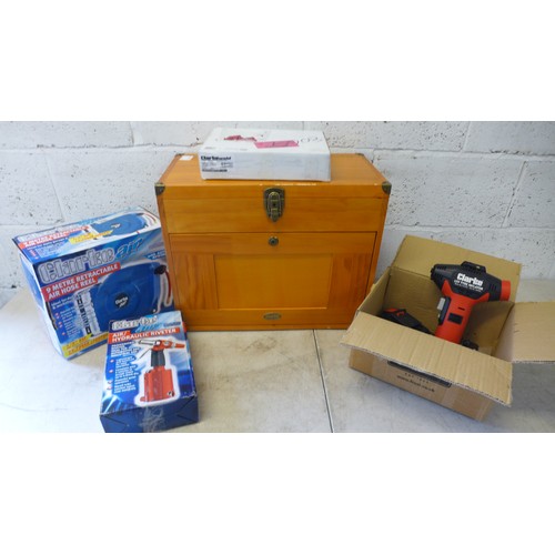 2341 - Five assorted Clarke items including a wooden tool chest, a Clarke Air Air/hydraulic riveter, a Clar... 