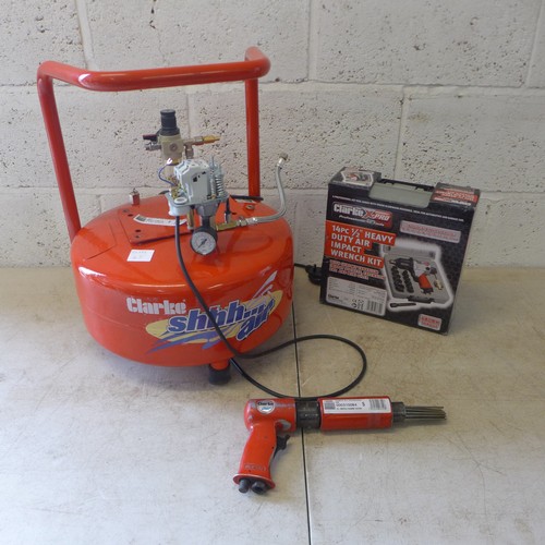 2343 - A Clarke Shhh Air compressor tank, a Clarke Air CAT84 air powered needle hammer, and a Clarke x-pro ... 