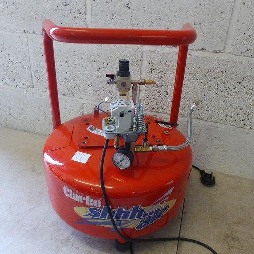 2343 - A Clarke Shhh Air compressor tank, a Clarke Air CAT84 air powered needle hammer, and a Clarke x-pro ... 