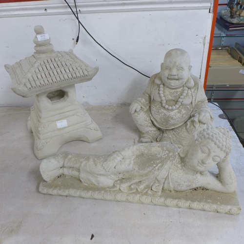2104 - 2 stone effect concrete Buddha figures and a stone effect concrete oriental style pagoda