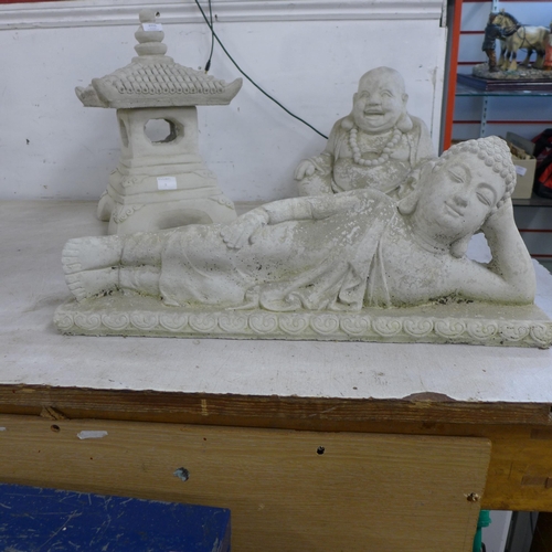 2104 - 2 stone effect concrete Buddha figures and a stone effect concrete oriental style pagoda