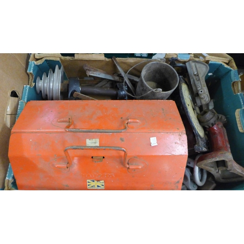 2020 - 2 boxes of assorted tools and other items including a red tool box full of wrenches, vintage car jac... 