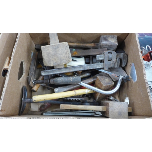2021 - 2 boxes of assorted woodworking tools including hammers, an F clamp, wrench, saws, an ammeter, files... 