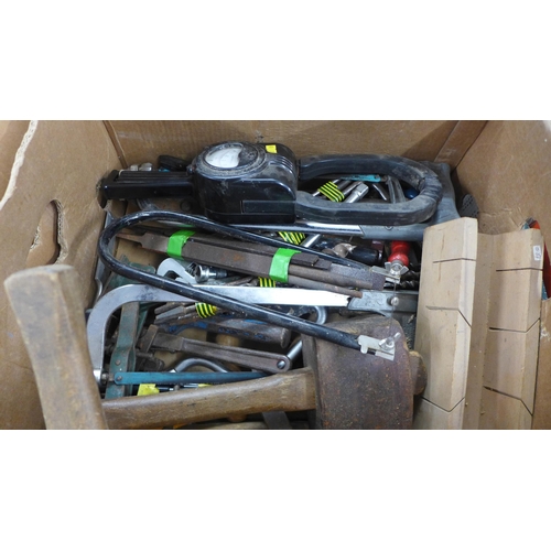 2021 - 2 boxes of assorted woodworking tools including hammers, an F clamp, wrench, saws, an ammeter, files... 