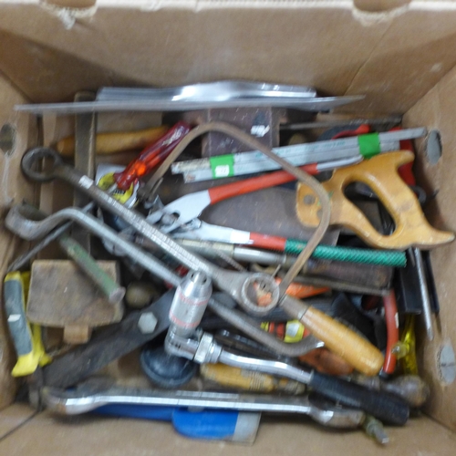 2022 - 2 boxes of various tools including saws, socket wrenches, screwdrivers, files, chisels, clamps, hamm... 