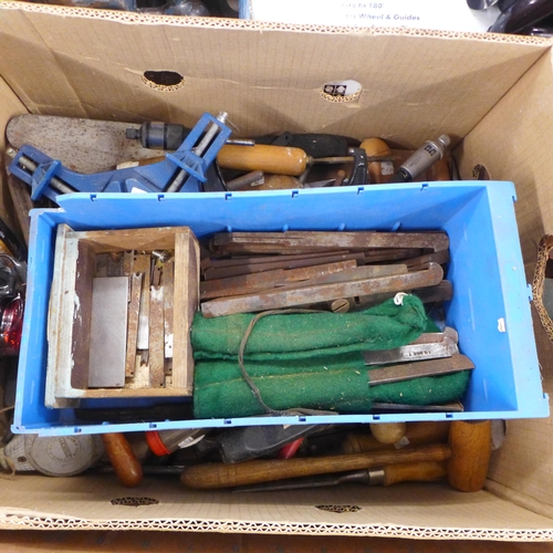 2022 - 2 boxes of various tools including saws, socket wrenches, screwdrivers, files, chisels, clamps, hamm... 