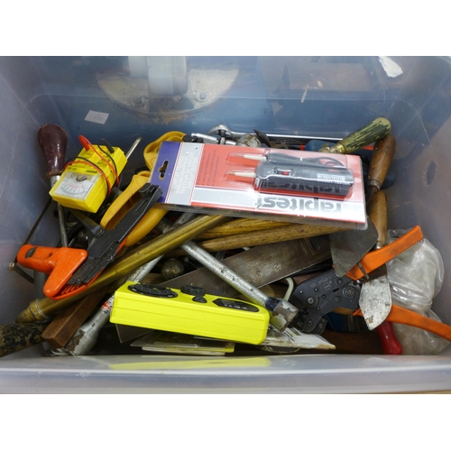2023 - 2 boxes of assorted tools including hammers, sockets wrench, a Rapitest circuit tester, Cougar laser... 