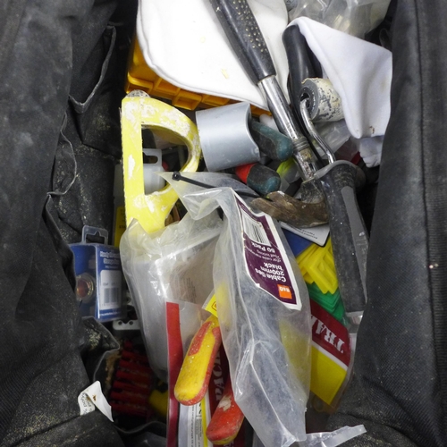 2038 - Two bags and a tray of miscellaneous tools including a saw, a quantity of DeWalt drill bits, hammer,... 