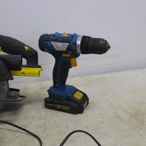 2041 - A Wolf 18V cordless Li-ion power drill, DeWalt DCB107 18V battery charger, Workzone DO19 18V cordles... 