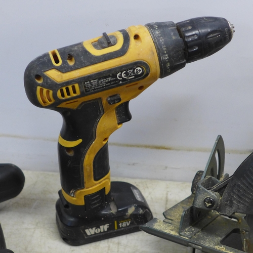 2041 - A Wolf 18V cordless Li-ion power drill, DeWalt DCB107 18V battery charger, Workzone DO19 18V cordles... 