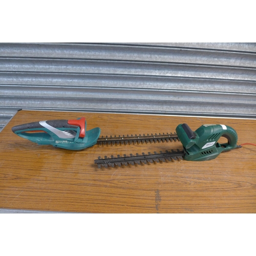 2196 - Two electric hedge cutters - B&Q hedge trimmer RTY450HTA and a Bosch AHS52Li cordless hedge trimmer ... 