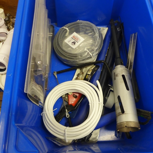 2051 - A box of assorted hand tools including Stilsons, crow bars, drill bits, solder wire, core cutters, e... 