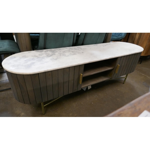 1457 - A grey wash TV stand with brass detail and a marble top  *This lot is subject to VAT