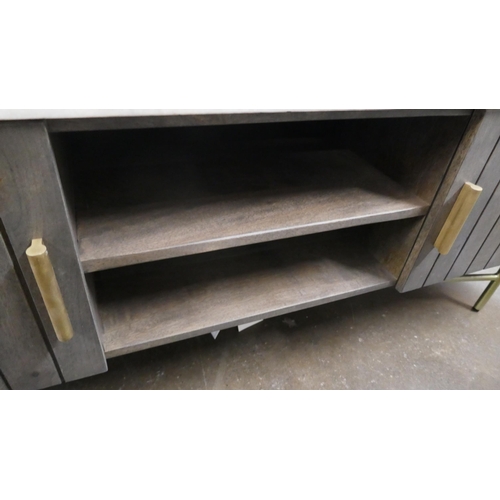 1457 - A grey wash TV stand with brass detail and a marble top  *This lot is subject to VAT
