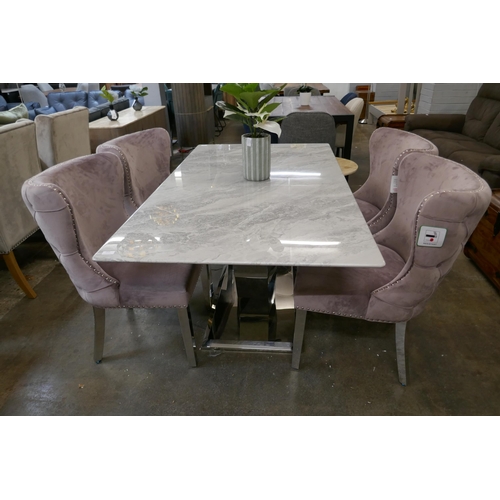 1475 - A marble effect and chrome dining table with four blush velvet buttoned chairs  *This lot is subject... 